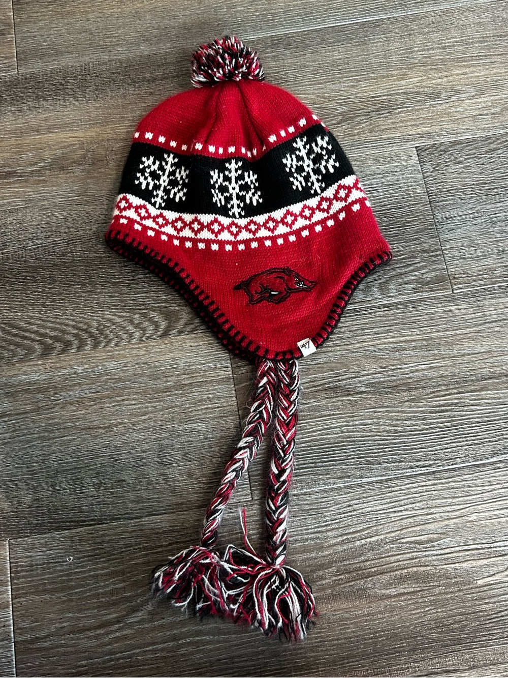 47 Red and Black Arkansas Razorbacks Pom Pom Earflap Beanie with Tassels